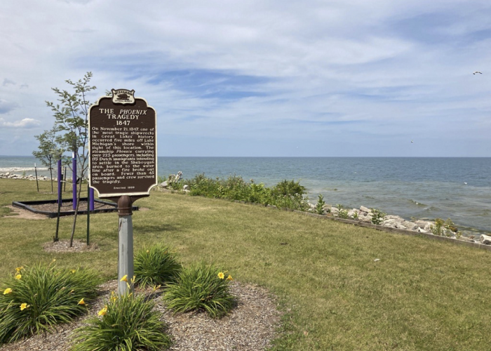 The historical marker for the Phoenix disaster at North Point Park, Sheboygan